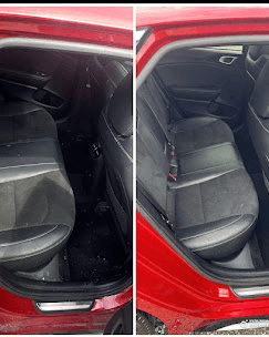 Red car rear interior before and after cleaning