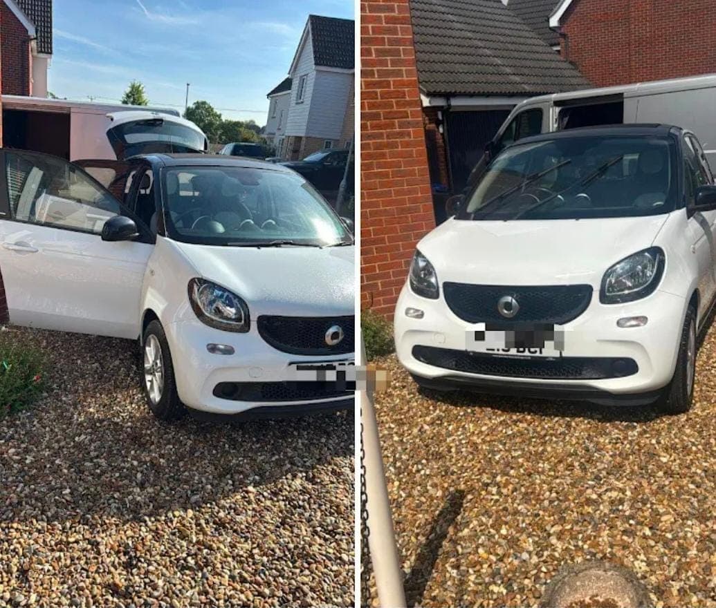 White Smart car before and after an exterior detail