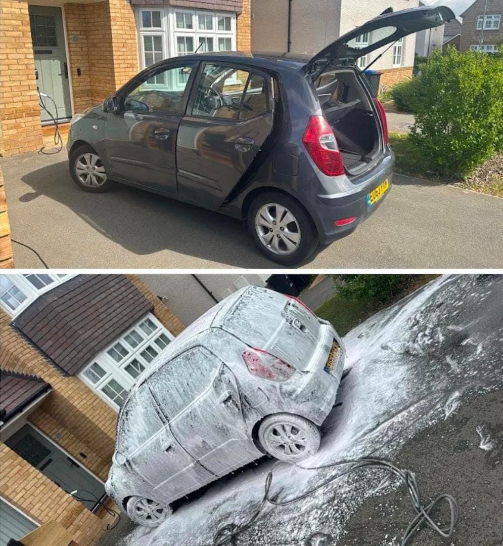 Hatchback before and during a snow foam wash by JS Car Detailing Colchester